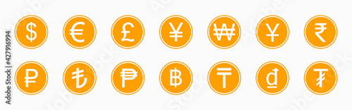 Golden coins with various currency symbols. Currencies collection set isolated on white background. Vector illustration.