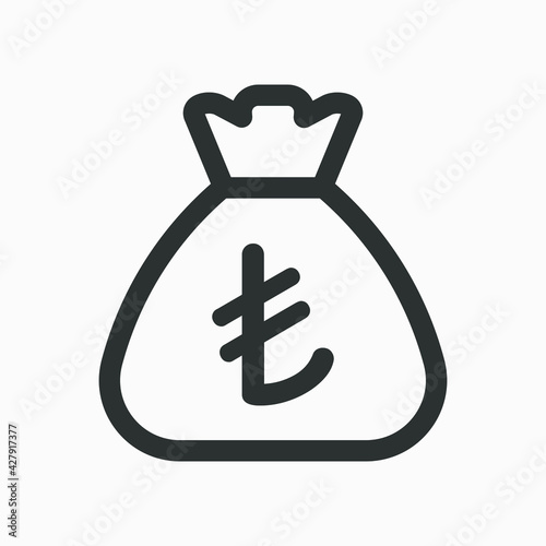 Turkish lira icon. Sack with cash isolated on white background. Money bag outline icon vector pictogram. Turkish currency symbol.