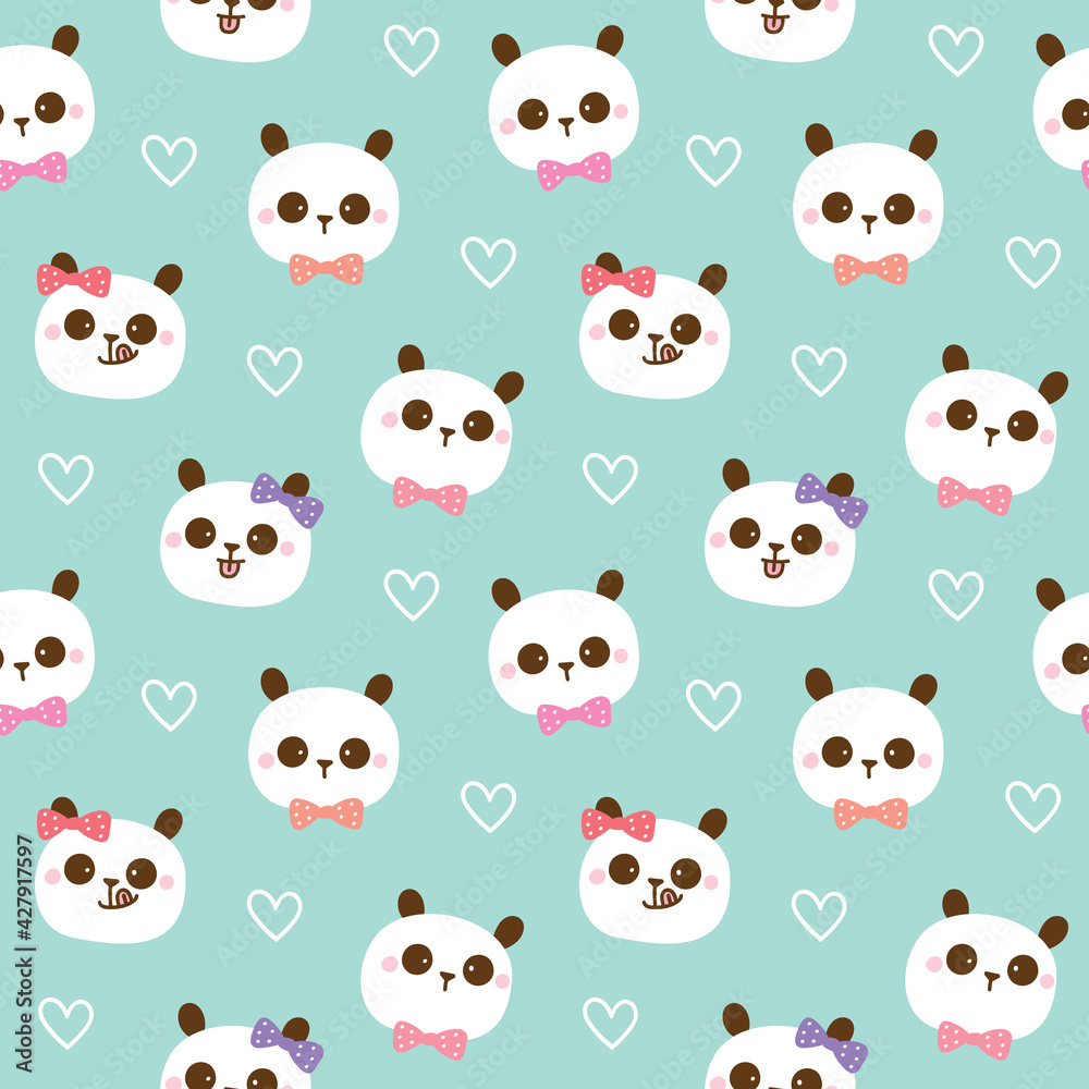 Seamless Pattern with Cartoon Panda Face and Heart Design on Green Background