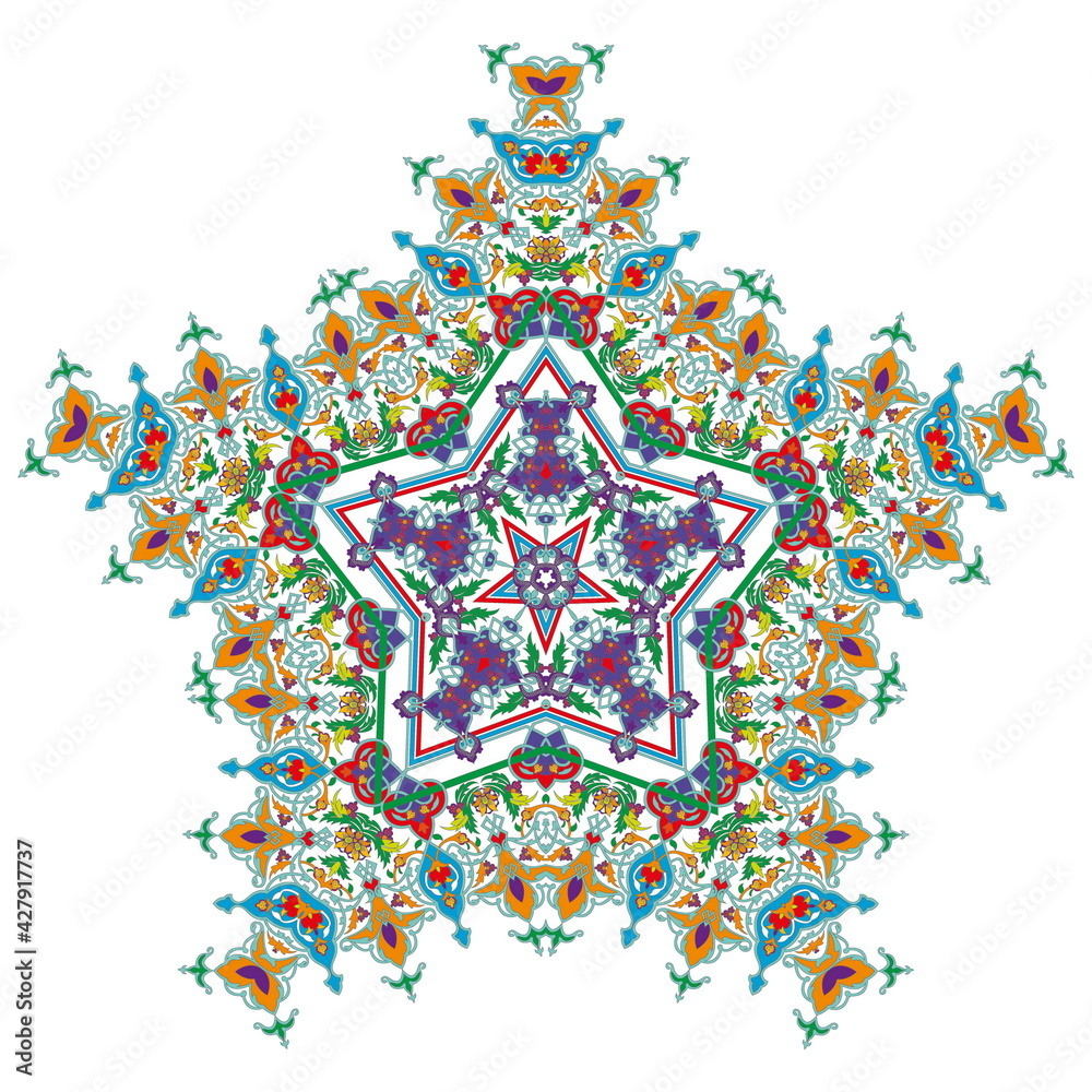 East ornament with colorful details on the turquoise or indian background in style arabesque or mandala