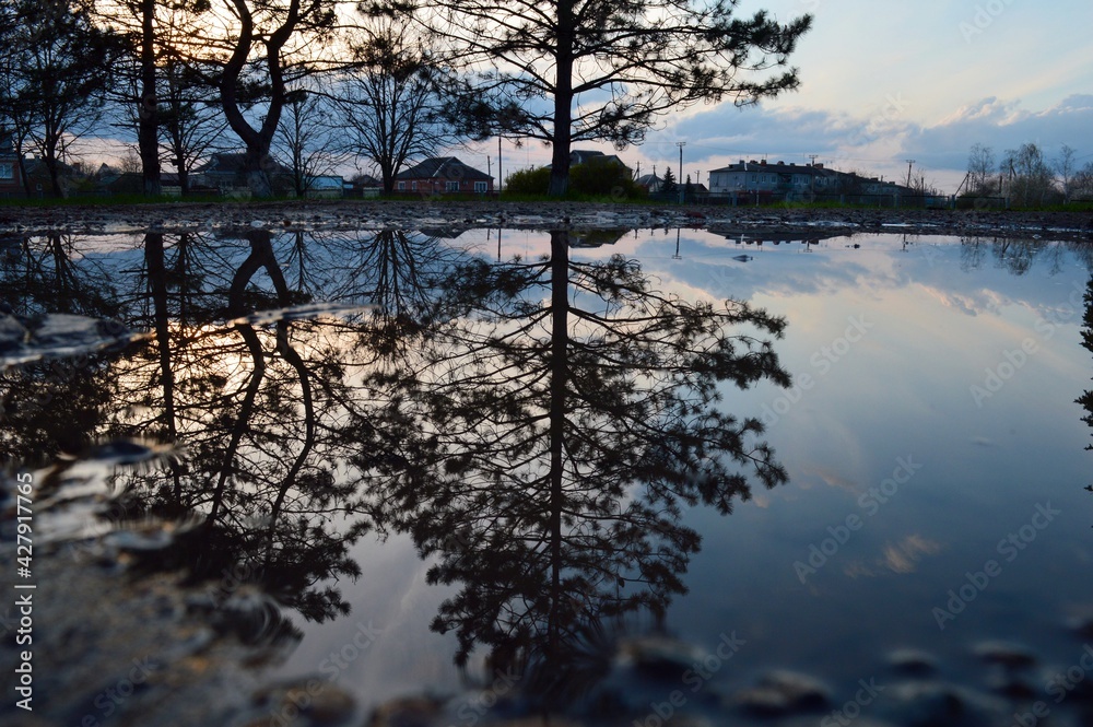 Reflection of trees and houses in a puddle after rain on a spring evening. Reflection of trees and houses in a puddle after rain on a spring evening.