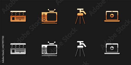 Set Movie clapper, Retro tv, Tripod and Online play video icon. Vector