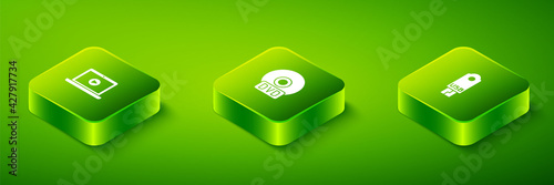 Set Isometric CD or DVD disk, USB flash drive and Online play video icon. Vector