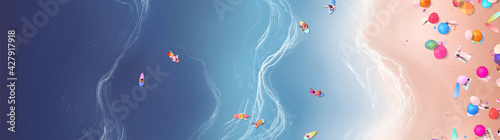 Colorful Summer banners, ocean tropical backgrounds, sea, surf beach paper cut. Beautiful top view cards, posters, flyers, party invitations. Summertime template collection.