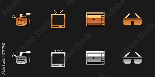 Set Cinema camera, Retro tv, Online play video and 3D cinema glasses icon. Vector