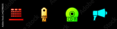 Set Cinema auditorium with seats, USB flash drive, CD DVD disk and Megaphone icon. Vector