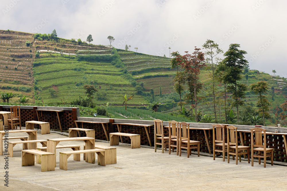 Fototapeta premium Table and chair cafe exterior in top hill