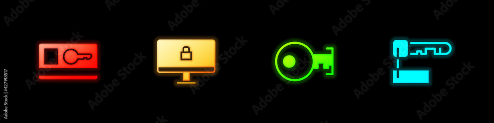 Fototapeta premium Set Key card, Lock on computer monitor, and Marked key icon. Vector