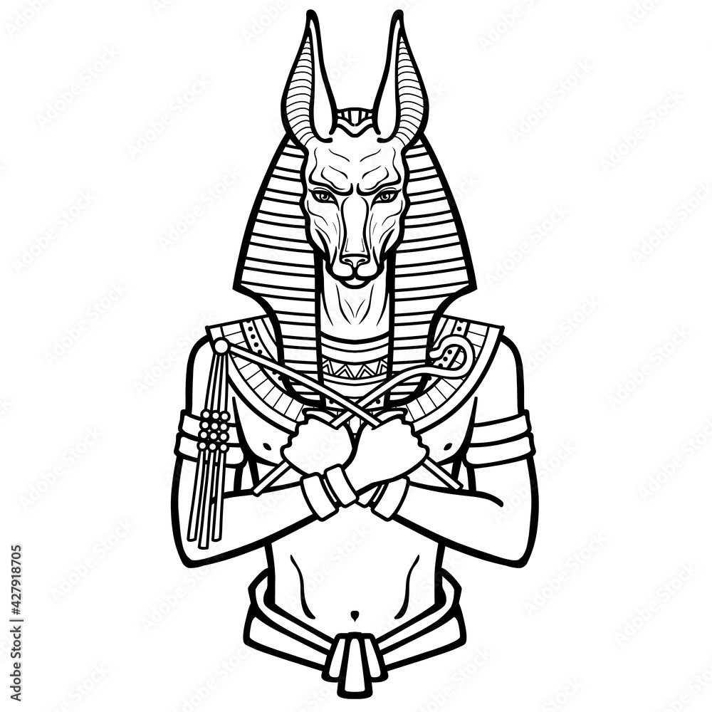 custom made wallpaper toronto digitalAnimation portrait Egyptian God Anubis with crossed hands holds symbols of power. God of death. Vector illustration isolated on a white background. Print, poster, t-shirt, tatto.