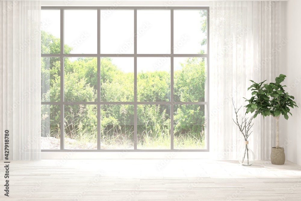 Fototapeta premium White empty room with summer landscape in window. Scandinavian interior design. 3D illustration