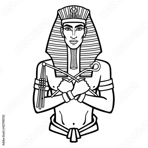 Animation portrait Egyptian man  with crossed hands holds symbols of power. Vector illustration isolated on a white background. Print, poster, t-shirt, tattoo.