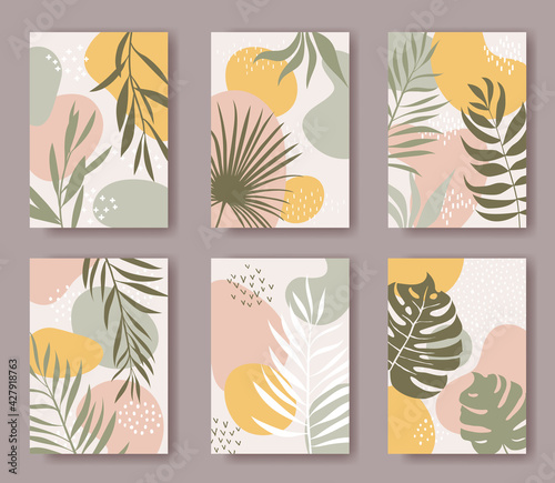 Set of vector cards with abstract ornament and leaves