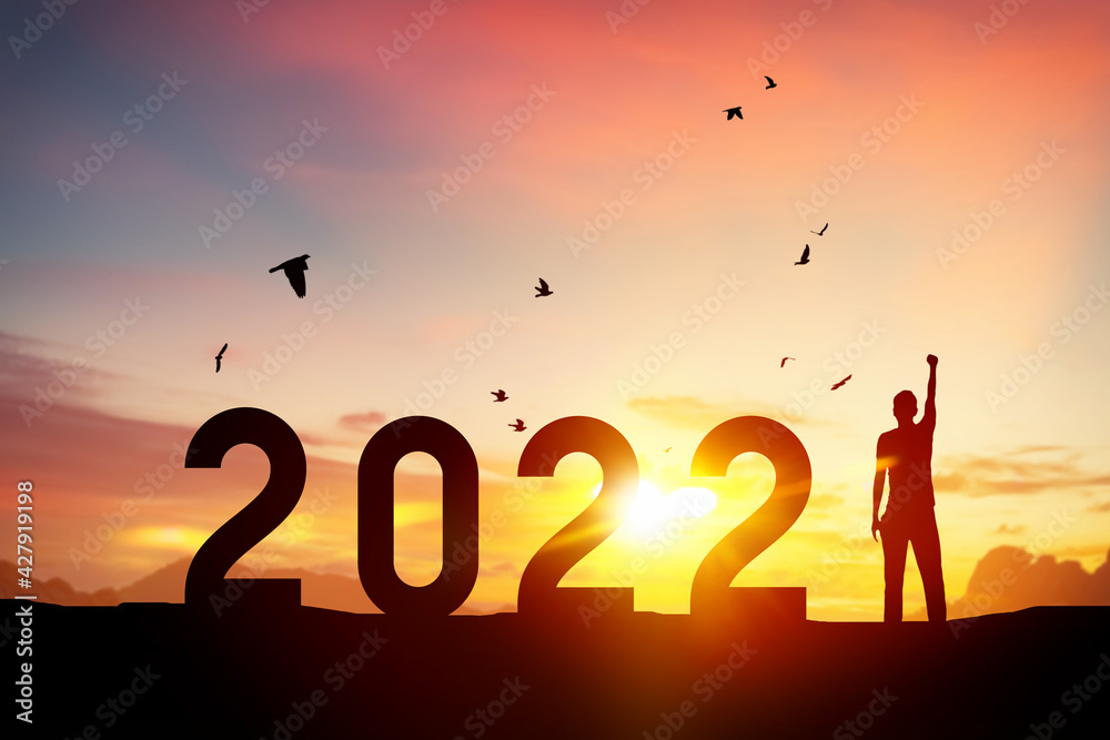 Man raise hand up on sunset sky with birds flying at top of mountain and number like 2022 abstract background. Happy new year and holiday concept. Man raise hand up on sunset sky with birds flying at top of mountain and number like 2022 abstract background. Happy new year and holiday concept.