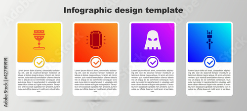 Set Medieval goblet, Diamond, Executioner mask and Torch flame. Business infographic template. Vector