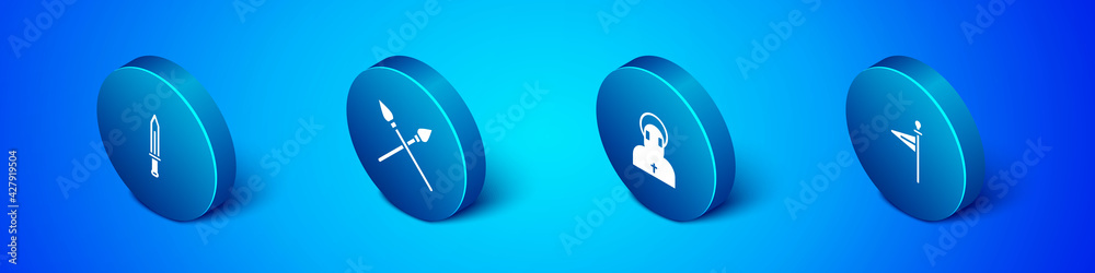 Set Isometric Medieval sword, Monk, flag and Crossed medieval spears icon. Vector Set Isometric Medieval sword, Monk, flag and Crossed medieval spears icon. Vector