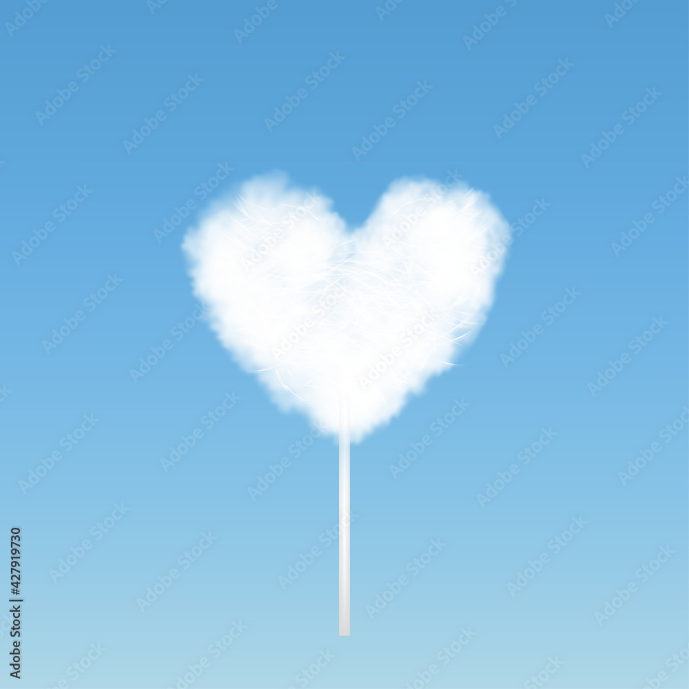 Cotton candy isolated on blue sky background. White Sugar clouds or Candy floss in heart shape, 3d vector Mesh tool Cotton candy isolated on blue sky background. White Sugar clouds or Candy floss in heart shape, 3d vector Mesh tool
