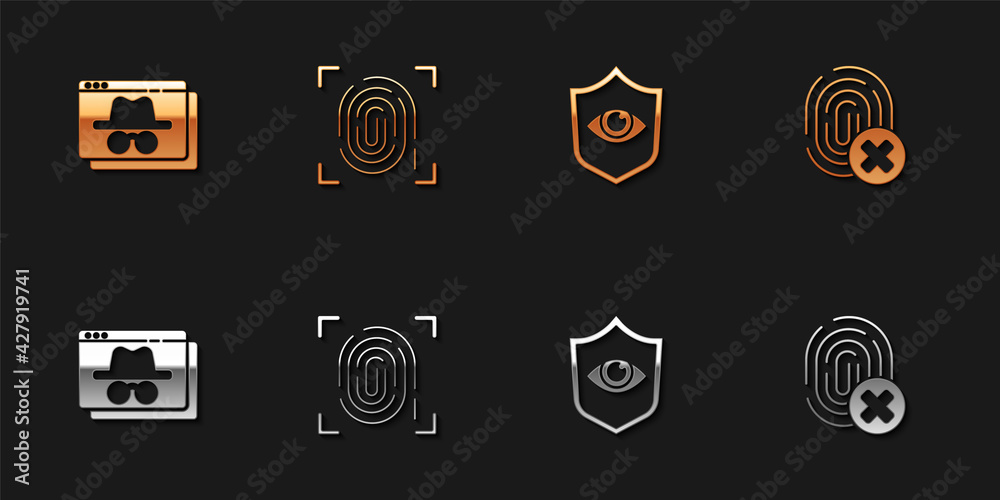 Set Browser incognito window, Fingerprint, Shield and eye and Cancelled fingerprint icon. Vector Set Browser incognito window, Fingerprint, Shield and eye and Cancelled fingerprint icon. Vector
