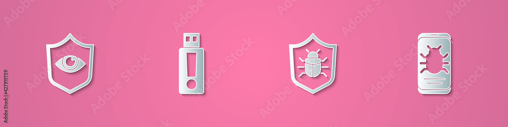 Set paper cut Shield and eye, USB flash drive, System bug and on mobile icon. Paper art style. Vector