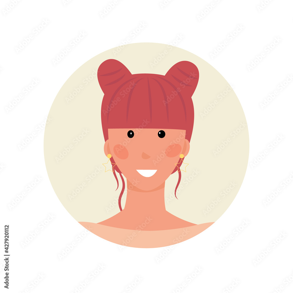 avatar smiling girl with two bundles of hair. The hairstyle is pink. Unique youth badge for forums, emails, chatbots, support. Vector illustration.