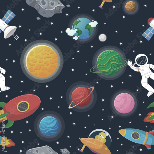 Galaxy pattern cartoon style. Astronaut with © Begin Again