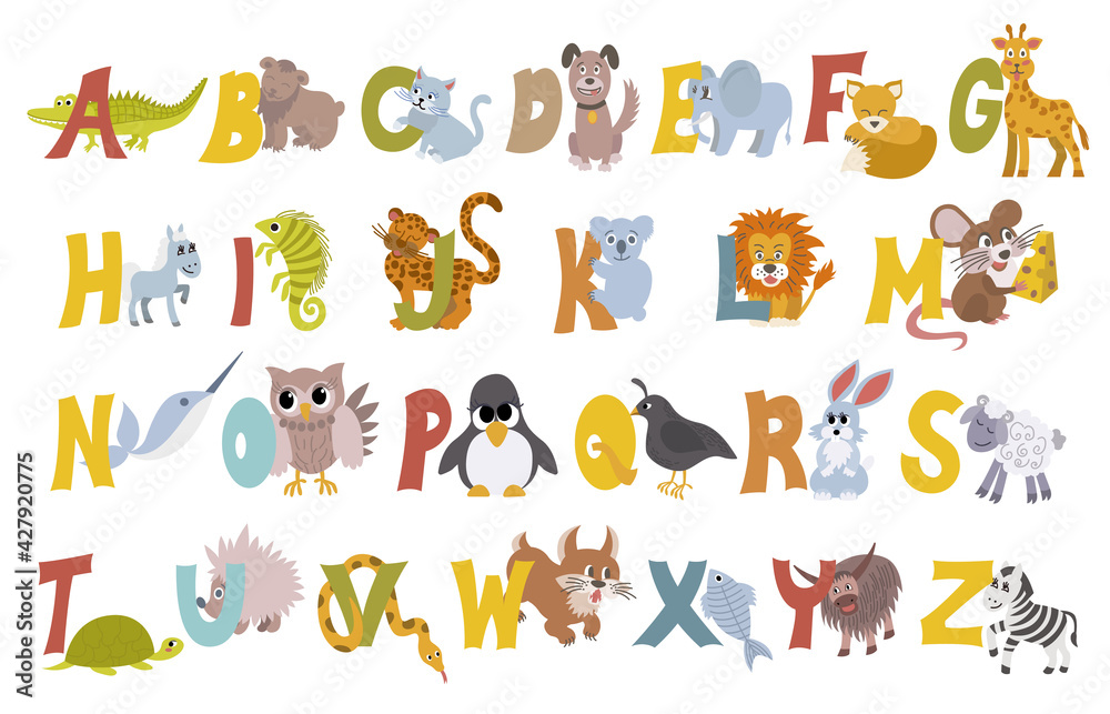 Animal alphabet vector set with english letters from A to Z, isolated on white background. Funny hand drawn style characters. Learn kids to read with different cute toys collection in vector Animal alphabet vector set with english letters from A to Z, isolated on white background. Funny hand drawn style characters. Learn kids to read with different cute toys collection in vector