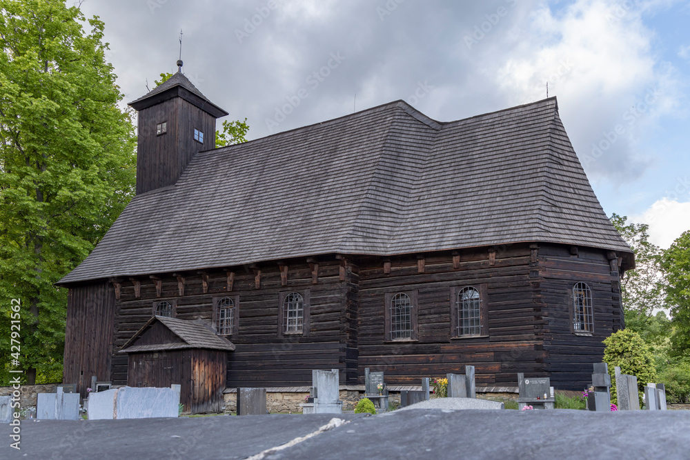 Fototapeta premium Wooden church of St. Martin from 1611 in Zalova near Velke Losiny, Northen Moravia, Czech Republic