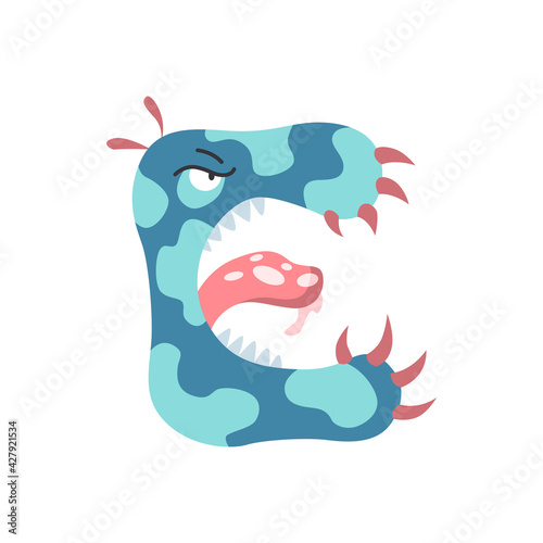 Monster alphabet symbol. Letter E of english alphabet shaped as monster. Children colorful cartoon funny fictional character isolated on white background