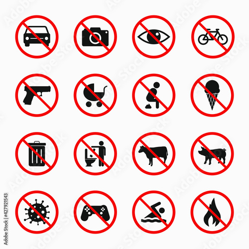 Prohibition sign set of 16 symbols. Vector illustration. Forbidden signs collection. Free Download Prohibition sign set of 16 symbols. Vector illustration. Forbidden signs collection. - GFXLoad