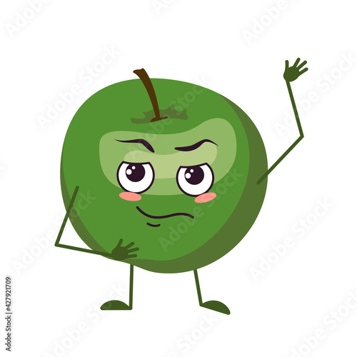 Cute apple character with face and emotions, arms and legs. The funny or sad hero, green fruit