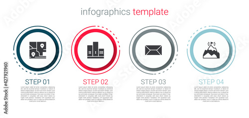 Set Folded map with location, Award over winner podium, Envelope and Mountains flag. Business infographic template. Vector