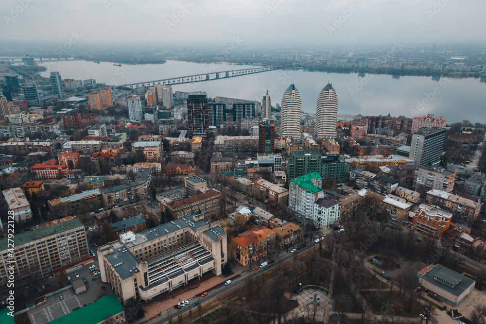 A panoramic view of the city from a drone. Nice view of the city with the river