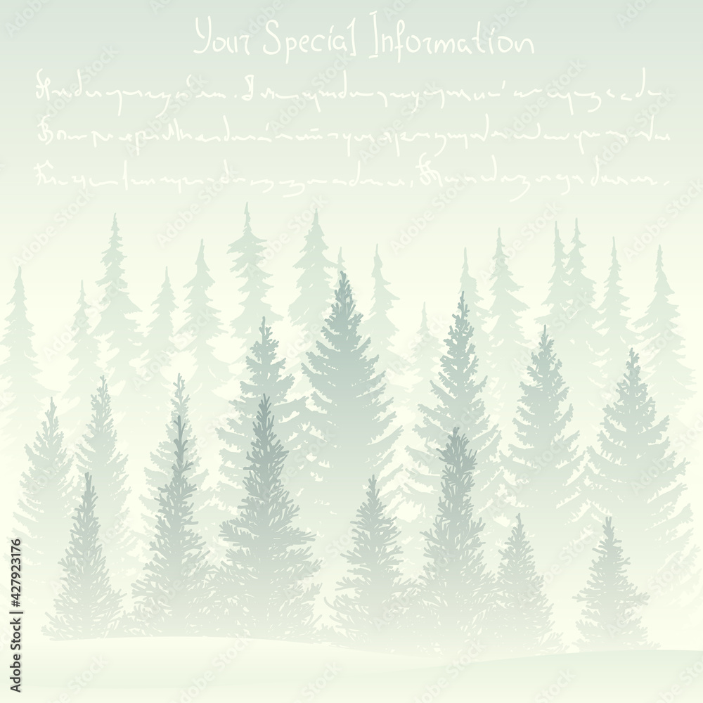 Obraz premium Square illustration of winter card with foggy coniferous forest, place for text.