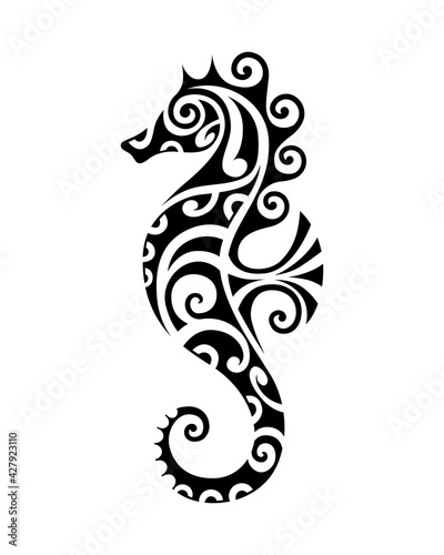 Sea horse vector illustration maori style tattoo. Stylized graphic seahorse. Black on white background.