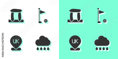 Set Cloud with rain, Stonehenge, Location England and Golf flag icon. Vector