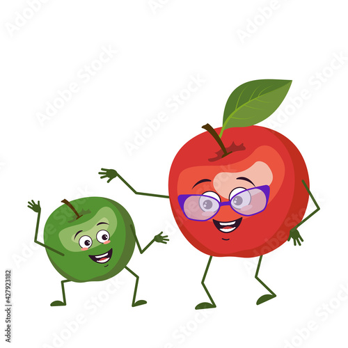 Cute apple characters funny grandmother and grandson, arms and legs. The funny or happy hero, green and red fruits