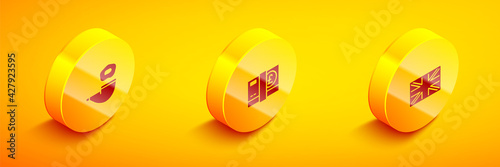 Set Isometric Smoking pipe, Pound sterling money and Flag of Great Britain icon. Vector