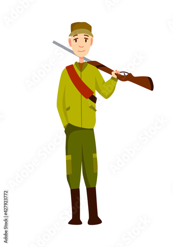 Hunter character with rifle. Man with a gun in camouflage in cartoon style. Human with weapons on hunting
