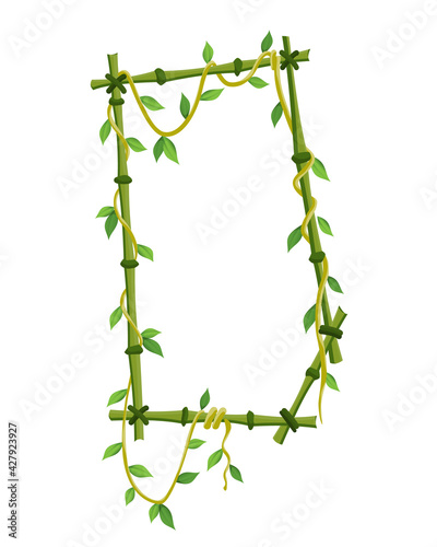 Tropical liana frame  jungle plant branches with leaves. Tropical climbing liana vine with green leaves. Cartoon lianas frame shaped. Liana branches