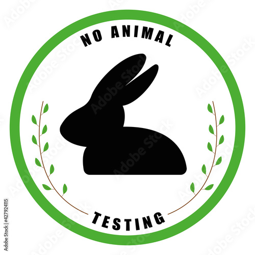 Illustration of rabbit silhouette with branches with leaves around it and the word No Animal Testing, inside a green circle.