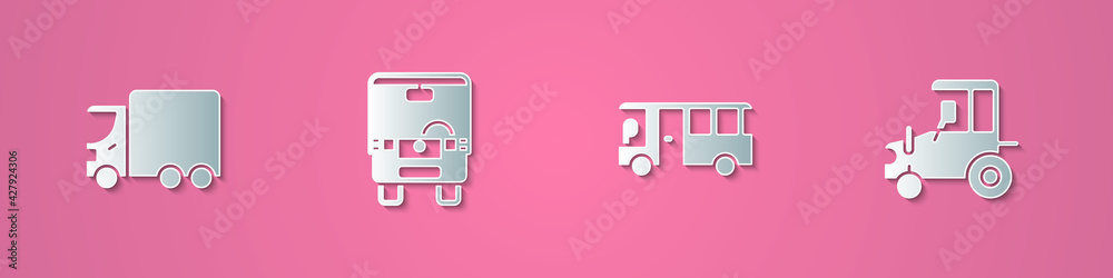 Set paper cut Delivery cargo truck, Bus, and Tractor icon. Paper art style. Vector Set paper cut Delivery cargo truck, Bus, and Tractor icon. Paper art style. Vector