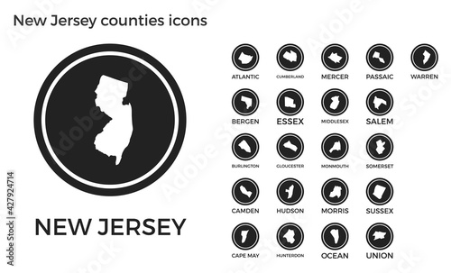 New Jersey counties icons. Black round logos with US state counties maps and titles. Vector illustration.