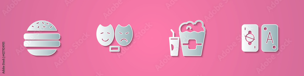 Set paper cut Burger, Comedy and tragedy masks, Popcorn in box glass and Tarot cards icon. Paper art style. Vector Set paper cut Burger, Comedy and tragedy masks, Popcorn in box glass and Tarot cards icon. Paper art style. Vector