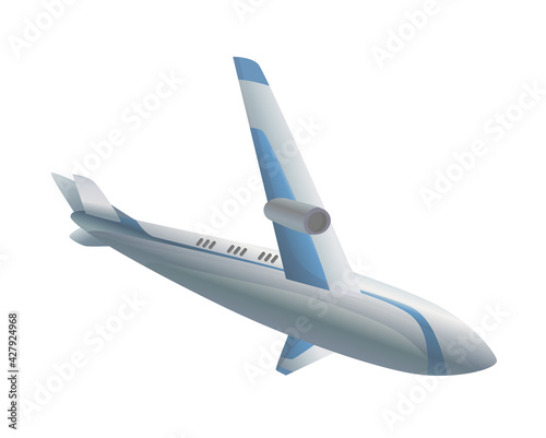 Flying airplane or airliner. Aircraft transport. Passenger flight jet airplane, aviation vehicle. Civil aircraft journey and aviation symbol. Wing flight transport