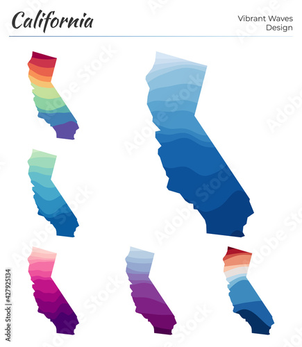 Set of vector maps of California. Vibrant waves design. Bright map of US state in geometric smooth curves style. Multicolored California map for your design. Cool vector illustration.