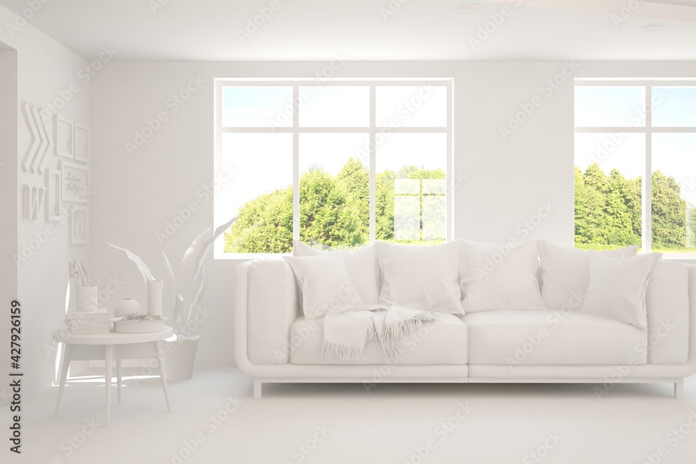 Fototapeta premium White living room with sofa and summer landscape in window. Scandinavian interior design. 3D illustration