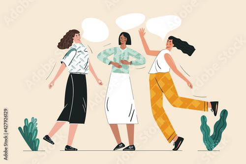 Young women performing breath control exercise together. Inner peace and energy exercise for female, girl's mental and physical wellness. Breathe in and out for relax. Flat vector cartoon illustration