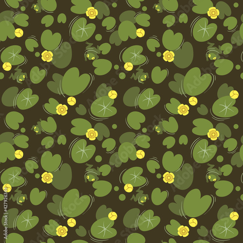 Canvas-taulu Seamless pattern with  yellow water lily (Nuphar Lutea) on a dark background
