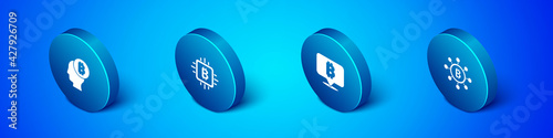 Set Isometric Bitcoin think, , Blockchain technology and CPU mining farm icon. Vector