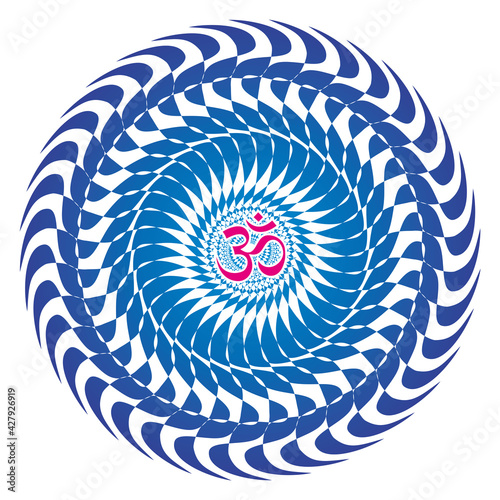Openwork mandala in blue colors.  Red Aum / Om / Ohm sign in the center. Оbject of rotation. Spiritual and sacred symbol, background. Vector graphics.