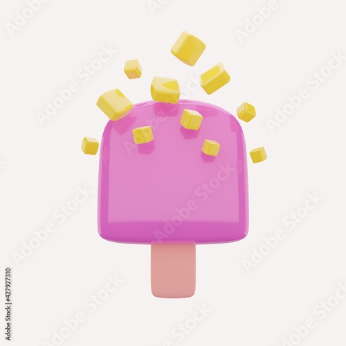 3D Illustration of pink ice cream and yellow sweets on the white background. Coming summertime concept. Tasty frozen snack. Cartoon style.Summer, holiday season.